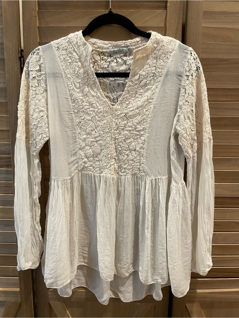 Beautiful Silk Lace Peasant Boho Top Blouse V Neck Long Sleeve Ivory Sz M